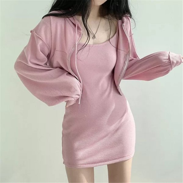 Women Solid Set High Waist Slim Mini size Hooded Zipper Short Long Sleeve Sweater Cardigan Suit