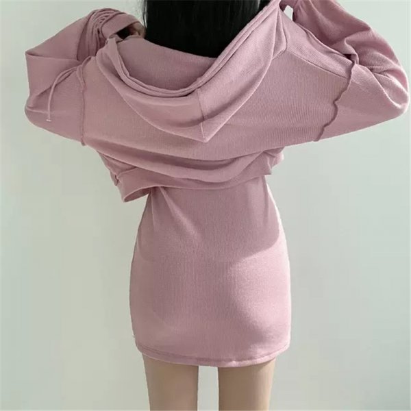 Women Solid Set High Waist Slim Mini size Hooded Zipper Short Long Sleeve Sweater Cardigan Suit