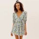 Women Summer Green Floral Chiffon sizees Holiday Puff Short Sleeve V-Neck Back Lace Up Design Wrap One Piece size