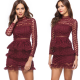 Simplee Elegant hollow out ruffle lace size Women vintage long sleeve slim short size Sexy christmas party size vestidos