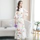 Women Short Sleeve Maxi size Fashion Bodycon V-neck White Print Runway Retro Chiffon Long Party sizees Vestidos