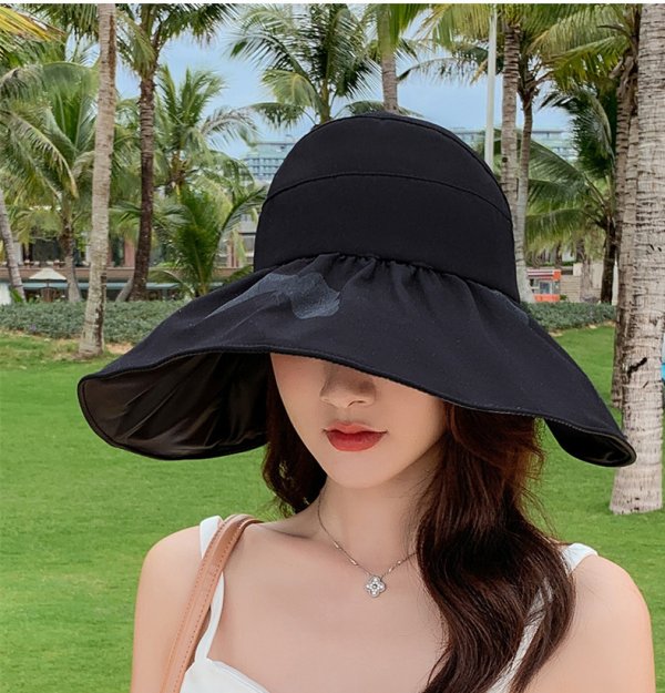 Women's Summer Large Brim Anti-ultraviolet Black Plastic Empty Top Sun Hat