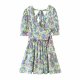 Women Summer Green Floral Chiffon sizees Holiday Puff Short Sleeve V-Neck Back Lace Up Design Wrap One Piece size