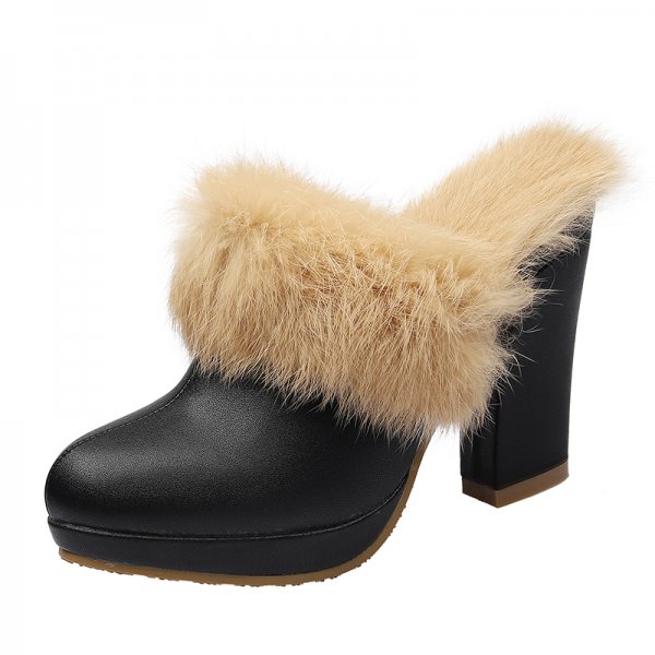 Fluffy Half Slippers Women's All-match Thick Heel And Fleece